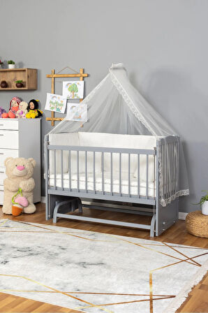 Ahşap Beşik Anne Yanı Beşik Gri 60x120 - Krem Güpür Uyku Seti + Yatak