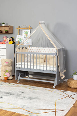 Ahşap Beşik Anne Yanı Beşik Gri 60x120 - Krem Nakış(Erkek) Uyku Seti + Yatak + Tekerlekli