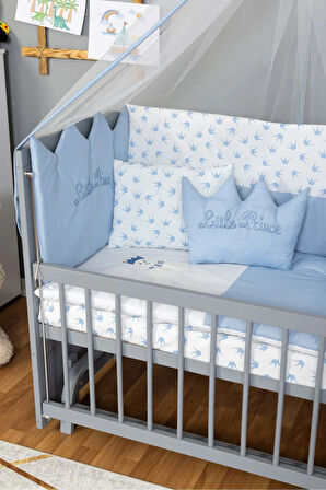 Ahşap Beşik Anne Yanı Beşik Gri 60x120 - Mavi Nakış Uyku Seti + Yatak
