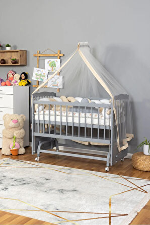 Ahşap Beşik Anne Yanı Beşik Gri 60x120 - Krem Beyaz Örgü Uyku Seti Seti + Yatak + Tekerlekli