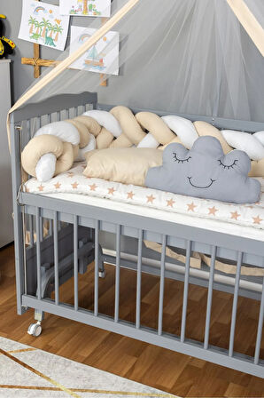 Ahşap Beşik Anne Yanı Beşik Gri 60x120 - Krem Beyaz Örgü Uyku Seti Seti + Yatak + Tekerlekli