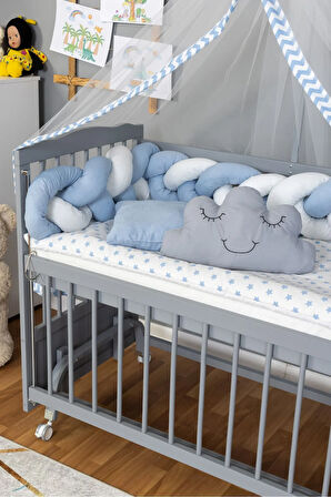 Ahşap Beşik Anne Yanı Beşik Gri 60x120 - Mavi Beyaz Örgü Uyku Seti Seti + Yatak + Tekerlekli