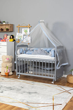 Ahşap Beşik Anne Yanı Beşik Gri 60x120 - Mavi Gri Örgü Uyku Seti Seti + Yatak + Tekerlekli
