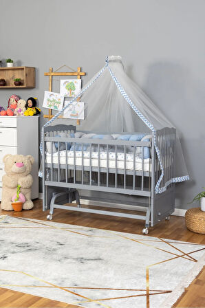 Ahşap Beşik Anne Yanı Beşik Gri 60x120 - Mavi Gri Örgü Uyku Seti Seti + Yatak + Tekerlekli