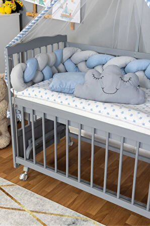 Ahşap Beşik Anne Yanı Beşik Gri 60x120 - Mavi Gri Örgü Uyku Seti Seti + Yatak + Tekerlekli