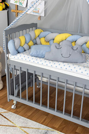 Ahşap Beşik Anne Yanı Beşik Gri 60x120 - Mavi Sarı Örgü Uyku Seti Seti + Yatak + Tekerlekli