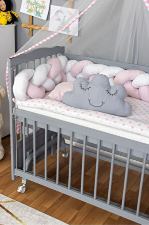 Ahşap Beşik Anne Yanı Beşik Gri 60x120 - Pembe Beyaz Örgü Uyku Seti Seti + Yatak + Tekerlekli