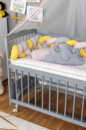 Ahşap Beşik Anne Yanı Beşik Gri 60x120 - Pembe Sarı Örgü Uyku Seti Seti + Yatak + Tekerlekli