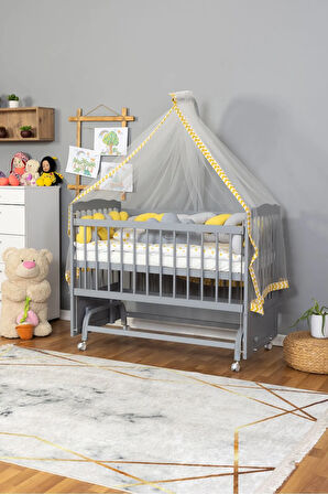 Ahşap Beşik Anne Yanı Beşik Gri 60x120 - Sarı Gri Örgü Uyku Seti Seti + Yatak + Tekerlekli
