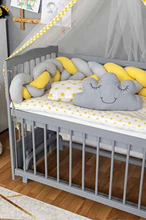 Ahşap Beşik Anne Yanı Beşik Gri 60x120 - Sarı Gri Örgü Uyku Seti Seti + Yatak