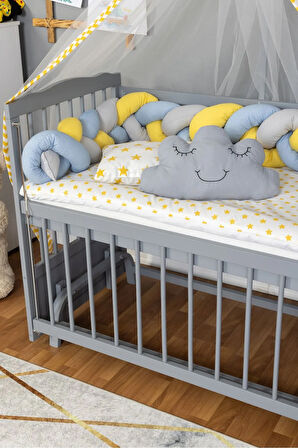 Ahşap Beşik Anne Yanı Beşik Gri 60x120 - Sarı Mavi Örgü Uyku Seti Seti + Yatak
