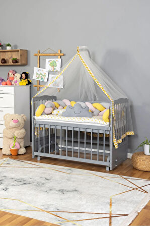 Ahşap Beşik Anne Yanı Beşik Gri 60x120 - Sarı Pembe Örgü Uyku Seti Seti + Yatak