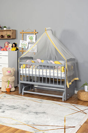 Ahşap Beşik Anne Yanı Beşik Gri 60x120 - Sarı Pembe Örgü Uyku Seti Seti + Yatak