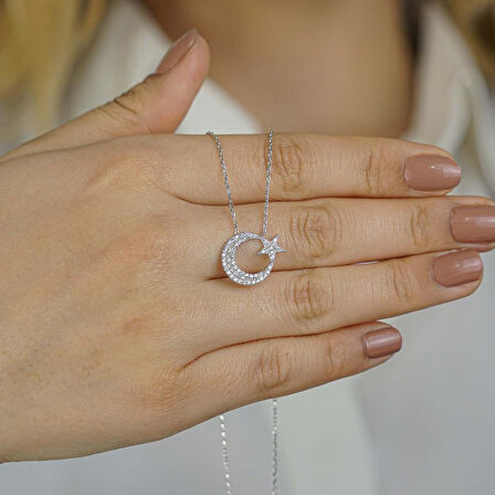 Büyük Boy Ay Yıldız Tasarımlı Beyaz Zirkon Taşlı 925 Ayar Gümüş Kadın Kolye