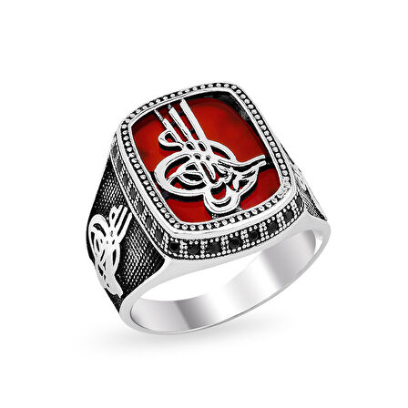 925 Ayar Gümüş Akik Taşlı Tuğra Model Yüzük