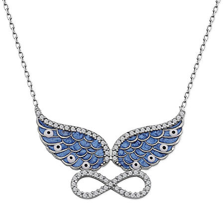 Mavi Melek Kanatlı Sonsuzluk Gümüş Kolye