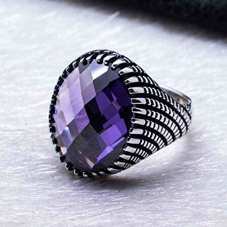 Ametist Rengi Zirkon Taşlı Erkek Gümüş Yüzük