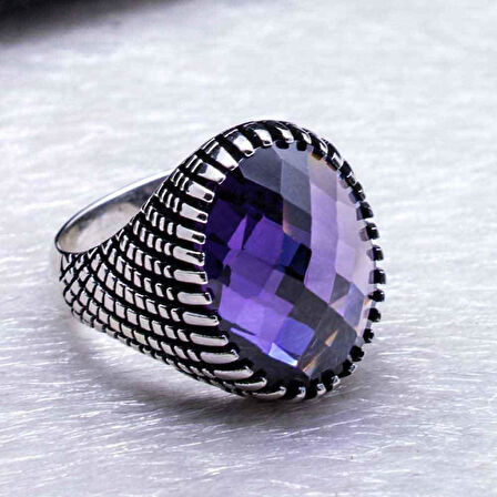 Ametist Rengi Zirkon Taşlı Erkek Gümüş Yüzük