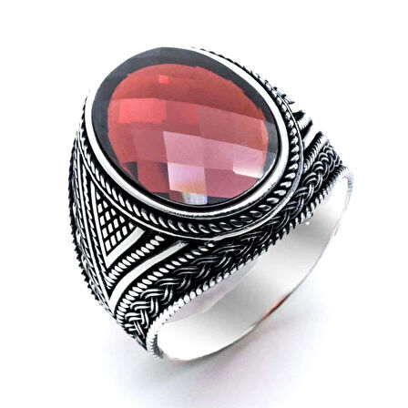 Muhteşem Tasarım Örgü Desenli Kırmızı Zirkon Taşlı  Gümüş Yüzük