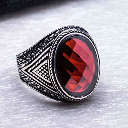 Muhteşem Tasarım Örgü Desenli Kırmızı Zirkon Taşlı  Gümüş Yüzük