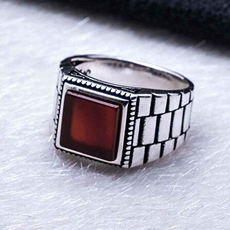 925 Ayar Gümüş Kare Akik Taşlı  Rolex işlemeli  Yüzük