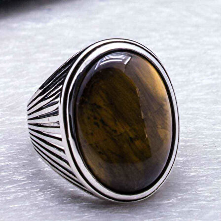 Kaplan Gözü Taşlı Gümüş Erkek Yüzük Model-2