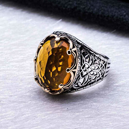 Sarı Zirkon Taşlı Kral Taçlı  Gümüş Yüzük