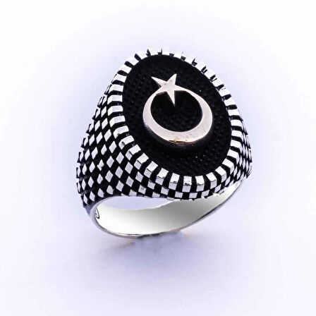 925 Ayar Gümüş Oval  Ay Yıldız Erkek Gümüş Yüzük
