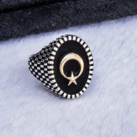 925 Ayar Gümüş Oval  Ay Yıldız Erkek Gümüş Yüzük