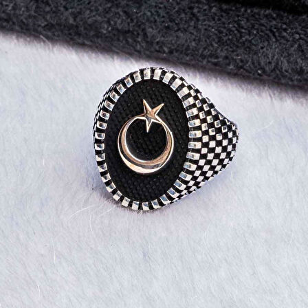 925 Ayar Gümüş Oval  Ay Yıldız Erkek Gümüş Yüzük