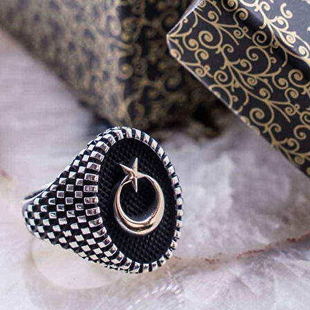 925 Ayar Gümüş Oval  Ay Yıldız Erkek Gümüş Yüzük