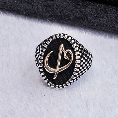 925 Ayar Gümüş Elif Vav  Simgeli Oval Erkek Yüzük