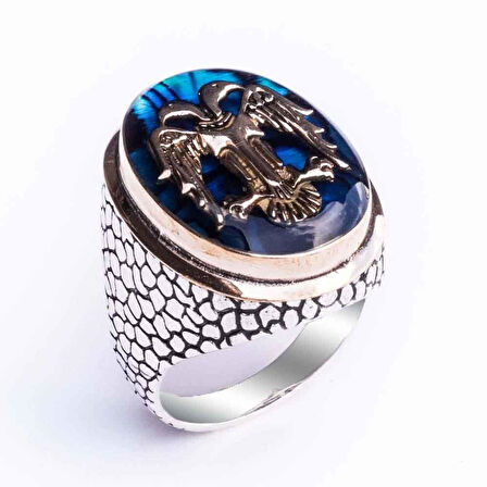 925 Ayar Gümüş Büyük  Mavi Mineli  Selçuklu Kartalı Erkek Yüzük
