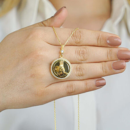 925 Ayar Gümüş Altın Kaplama Tuğralı Yuvarlak Kolye Model 9