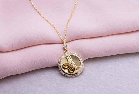 925 Ayar Gümüş Altın Kaplama Tuğralı Yuvarlak Kolye Model 9