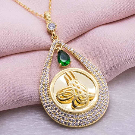 925 Ayar Gümüş Altın Kaplama Tuğralı Damla Kolye Model 4