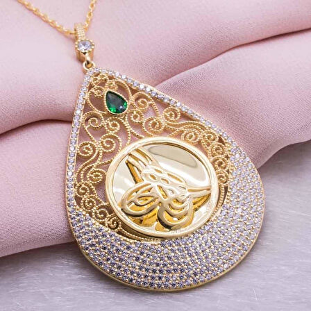 925 Ayar Gümüş  Altın KaplamaTuğralı Damla Kolye