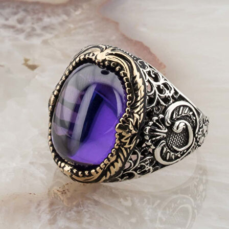 925 Ayar Gümüş Mor Zirkon Taşlı Vav Detaylı  Yüzük