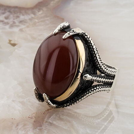 Akik Taşlı Pençeli  Gümüş Erkek Yüzük