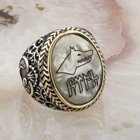 925 Ayar Gümüş  Sedef Taşlı Göktürkçe Türk Yazılı Erkek Yüzük