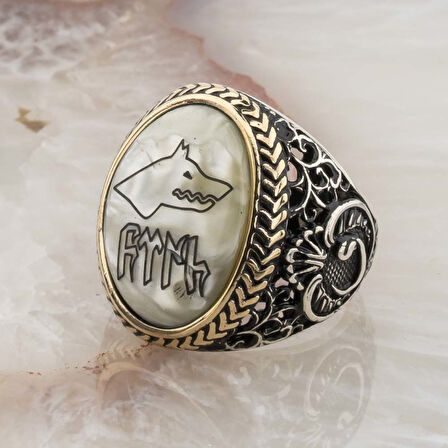 925 Ayar Gümüş  Sedef Taşlı Göktürkçe Türk Yazılı Erkek Yüzük