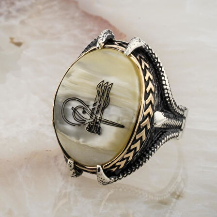 Sedef Taşlı Pençeli Osmanlı Tuğralı Gümüş Yüzük