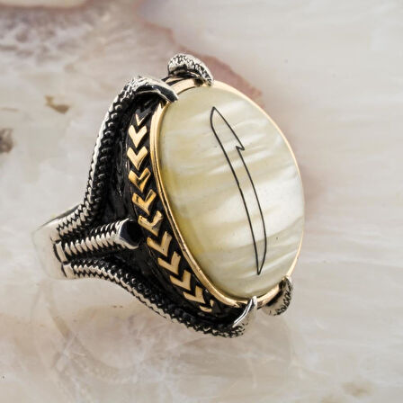 Sedef Taşlı Pençeli  Elif Desenli  Gümüş Yüzük