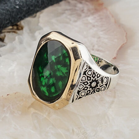 925 Ayar Gümüş Yeşil Zirkon Taşlı Erkek Yüzük Model 8