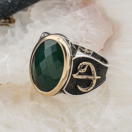 925 Ayar Gümüş Yeşil Zirkon Taşlı Elif Vav Detaylı Erkek Yüzük