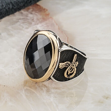 925 Ayar Gümüş Siyah Zirkon Taşlı Tuğra Detaylı Erkek Yüzük