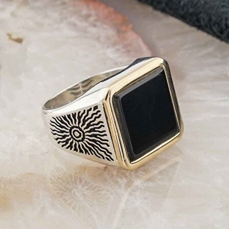 925 Ayar Gümüş Düz Oniks Taşlı Desenli Erkek Yüzük