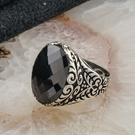 925 Ayar Gümüş Siyah Zirkon  Taşlı Erkek Yüzük