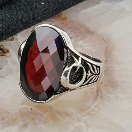 Kırmızı Taşlı Ay Yıldızlı Gümüş Erkek Yüzük