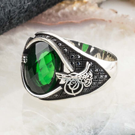 Yeşil Zirkon Taşlı Osmanlı Tuğralı Gümüş Yüzük